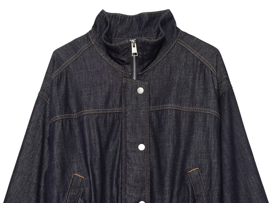 Women's waist belt decoration stand collar denim Coat