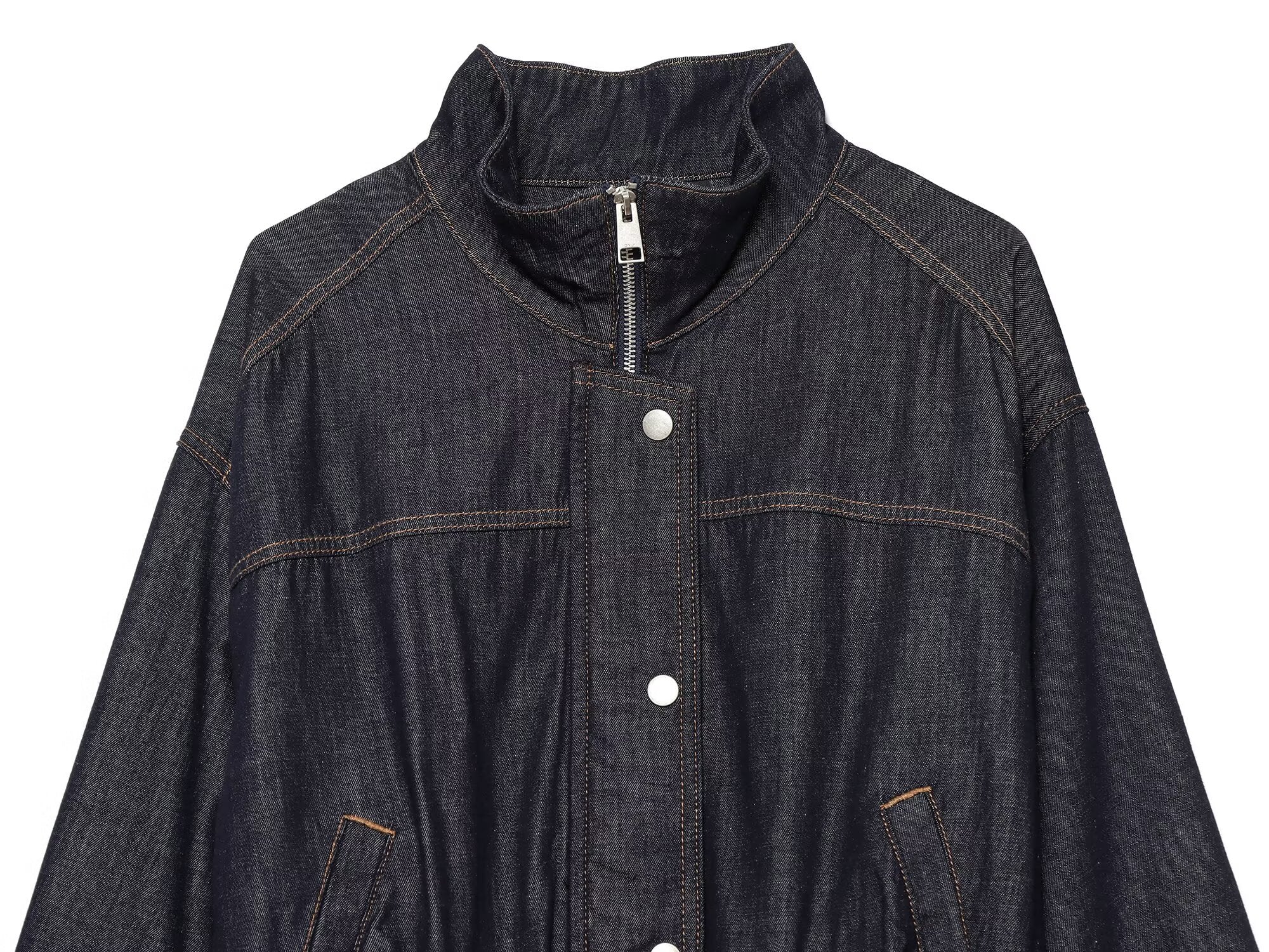 Women's waist belt decoration stand collar denim Coat