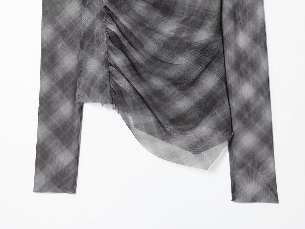 Women's new fashion pleated design slim plaid tulle T-shirt