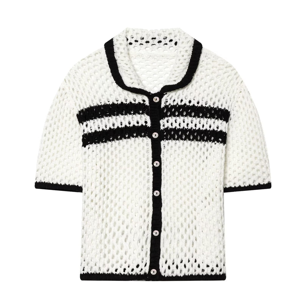 Women's POLO collar hollow knit Coat