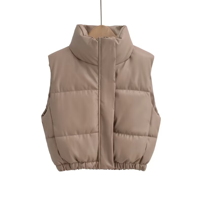 Women's standing collar Faux Leather cotton vest