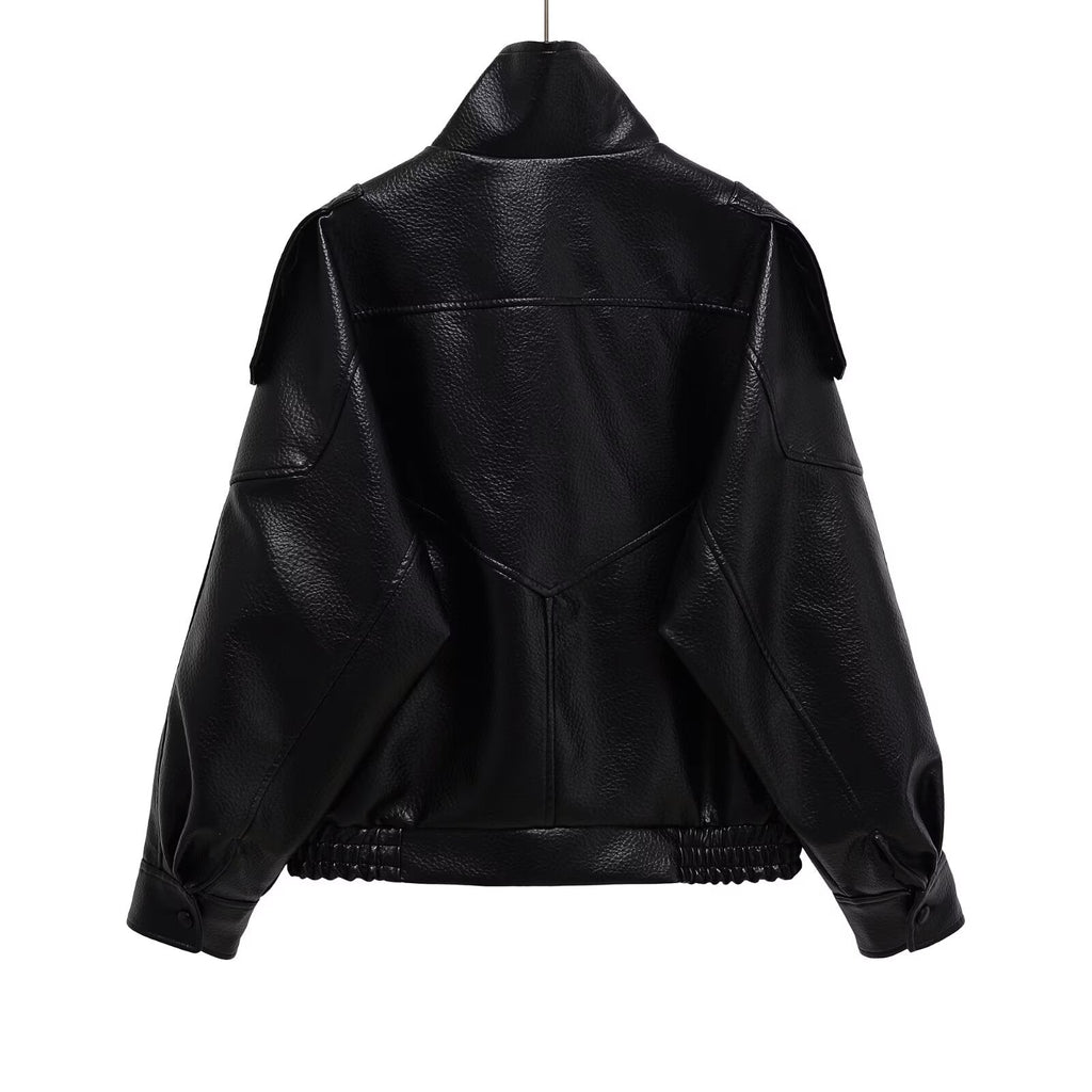 Women's casual stand collar Faux Leather jacket Coat