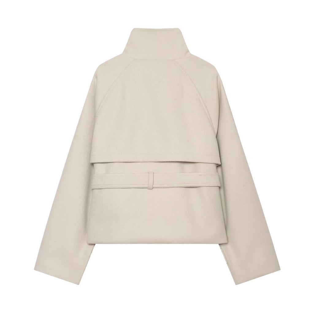 Women's with belt standing collar woolen coat