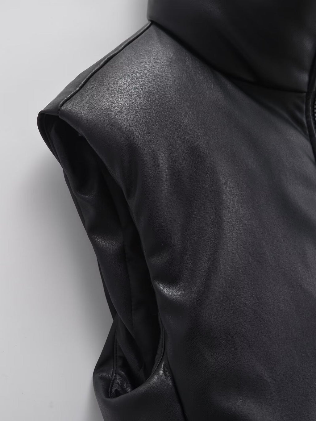 Women's short standing collar Faux Leather cotton vest