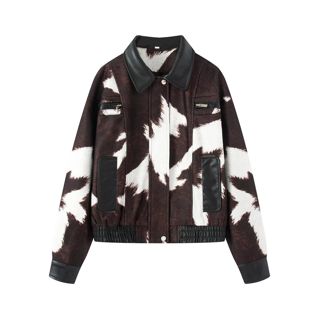 Women's new PU imitation leather splicing jacket Coat