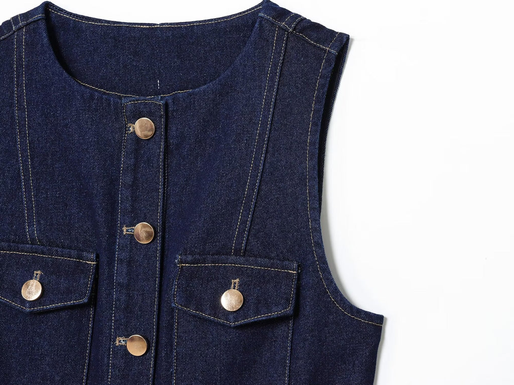 Women's new fashion with Belt slim O Neck denim Midi dress