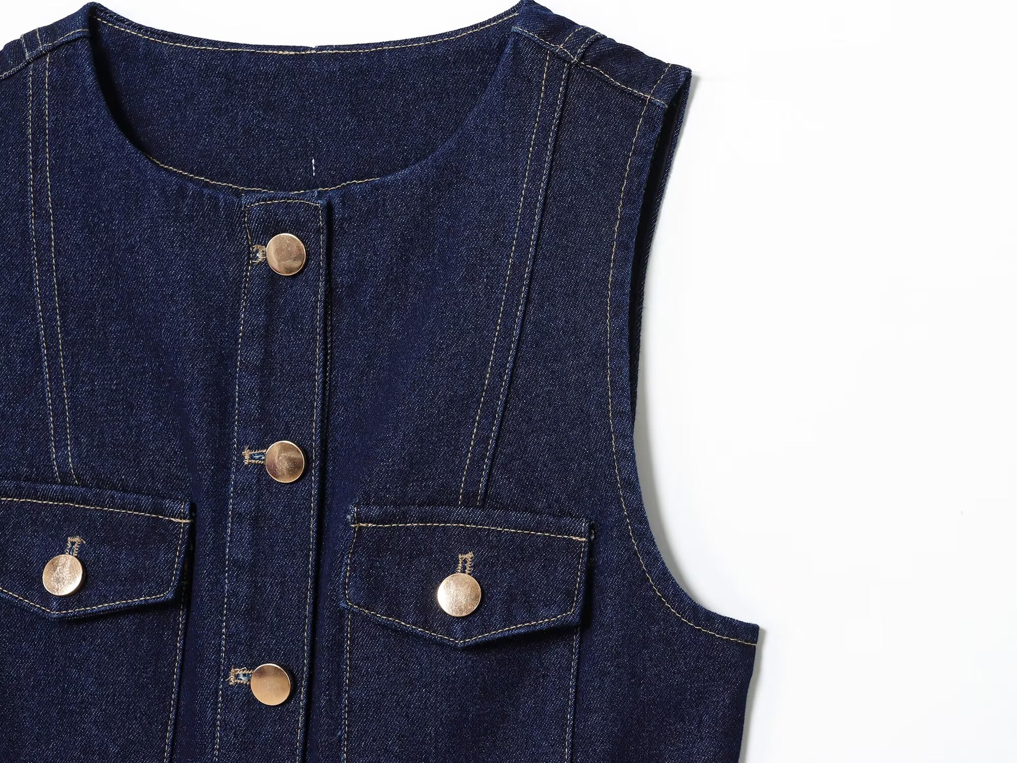 Women's new fashion with Belt slim O Neck denim Midi dress