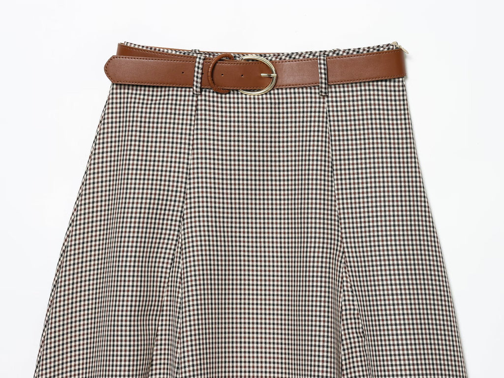 Women's with Belt cape style checkered Midi skirt