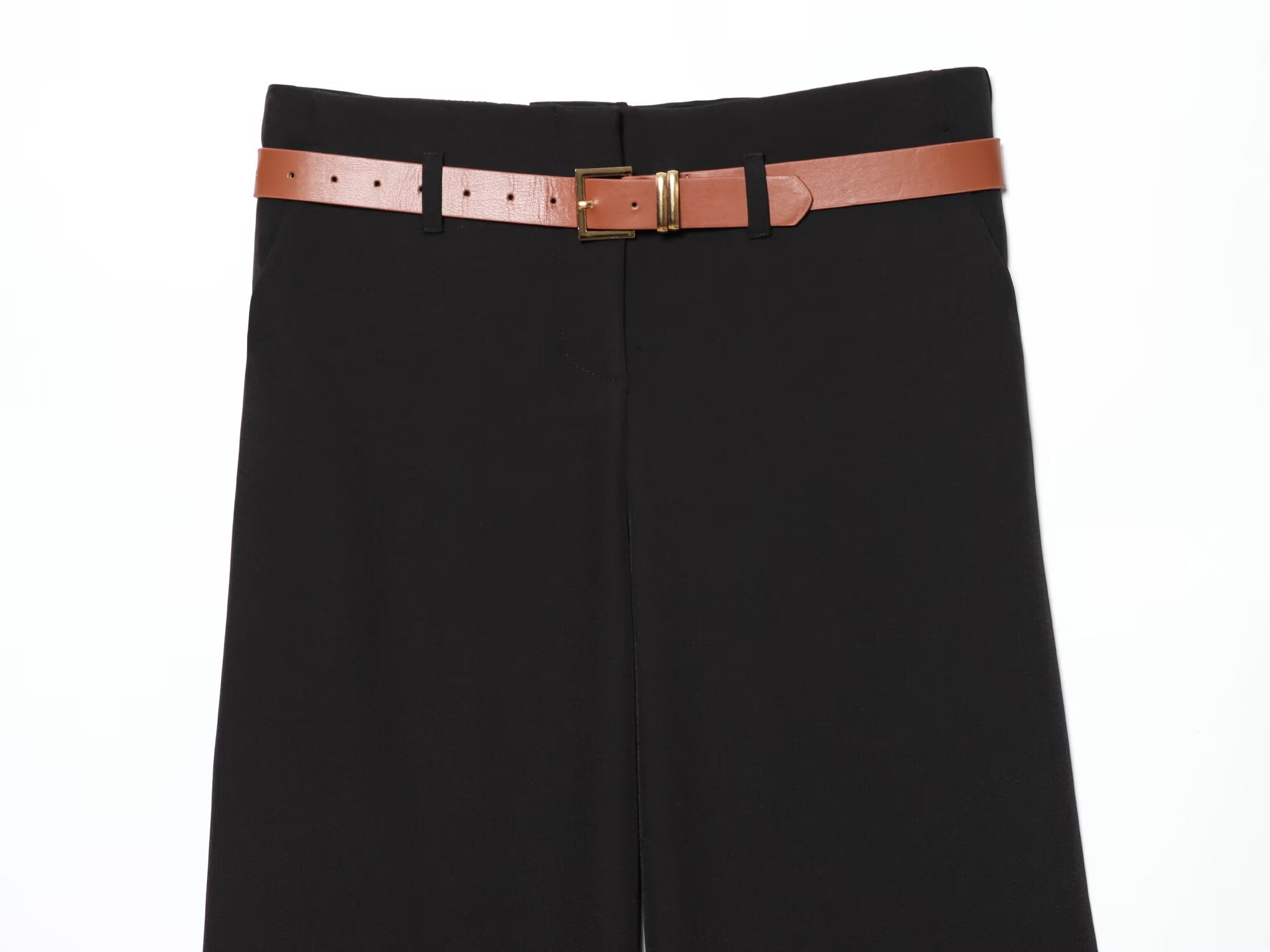 Women's With Belt high waisted straight leg rolled edge pants