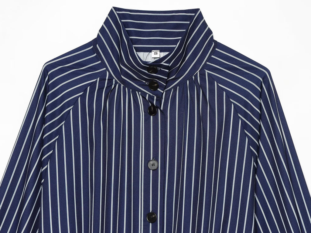 Women's with drawstring striped stand collar shirt