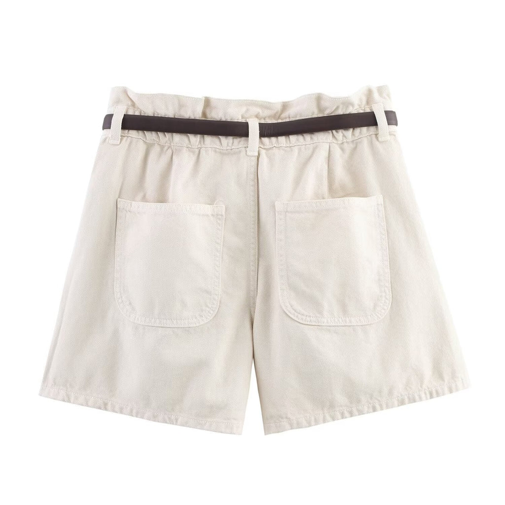 Women's new fashion with Belt paper bag style casual high waisted denim shorts