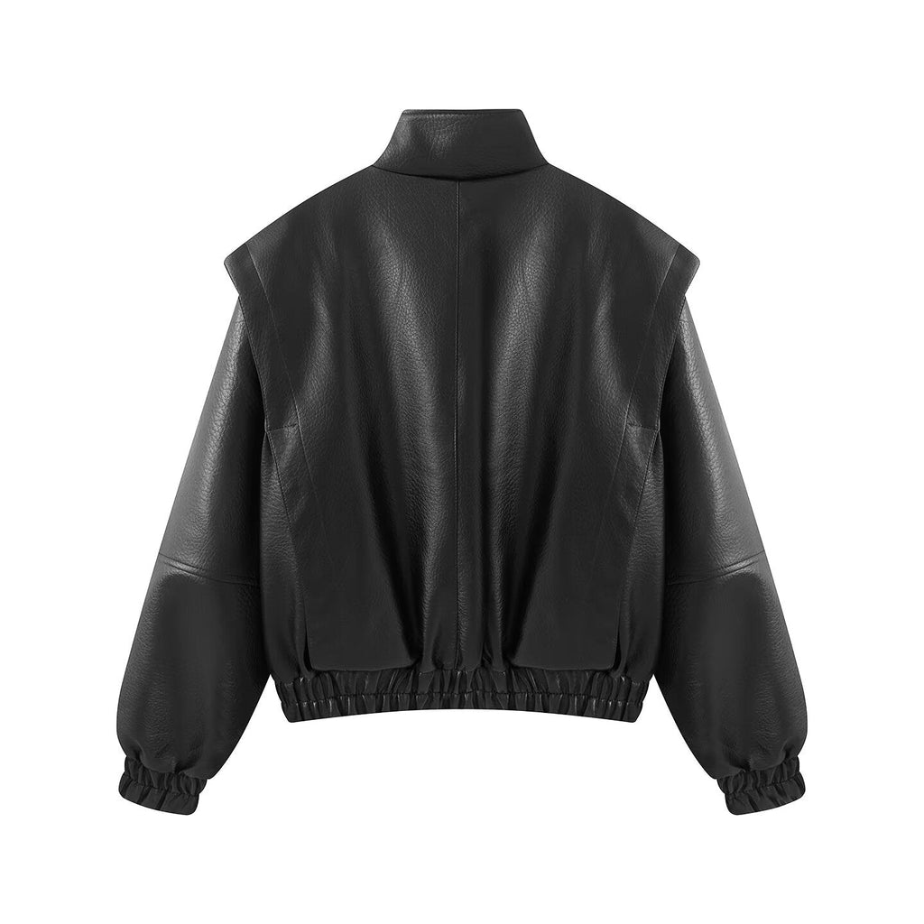 Women's stand collar fake two-piece Faux Leather jacket