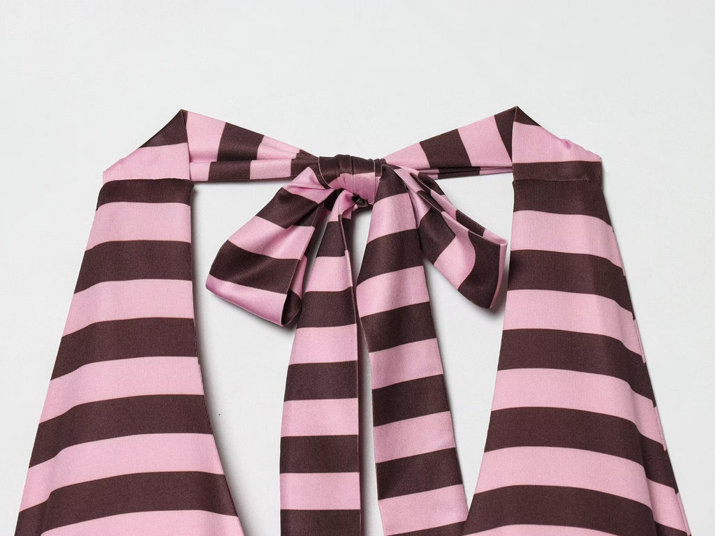 Women's striped pleated V-neck halter neck dress