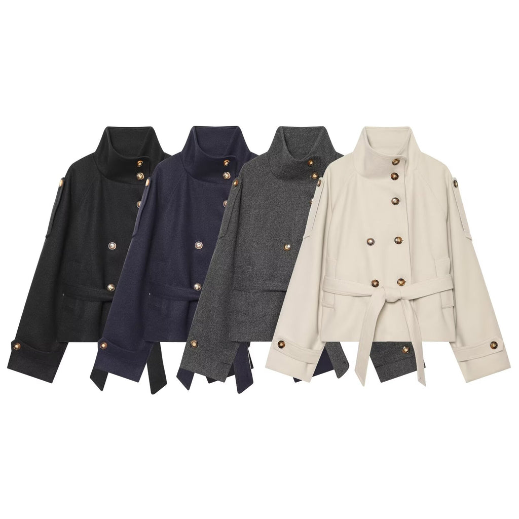 Women's with belt standing collar woolen coat