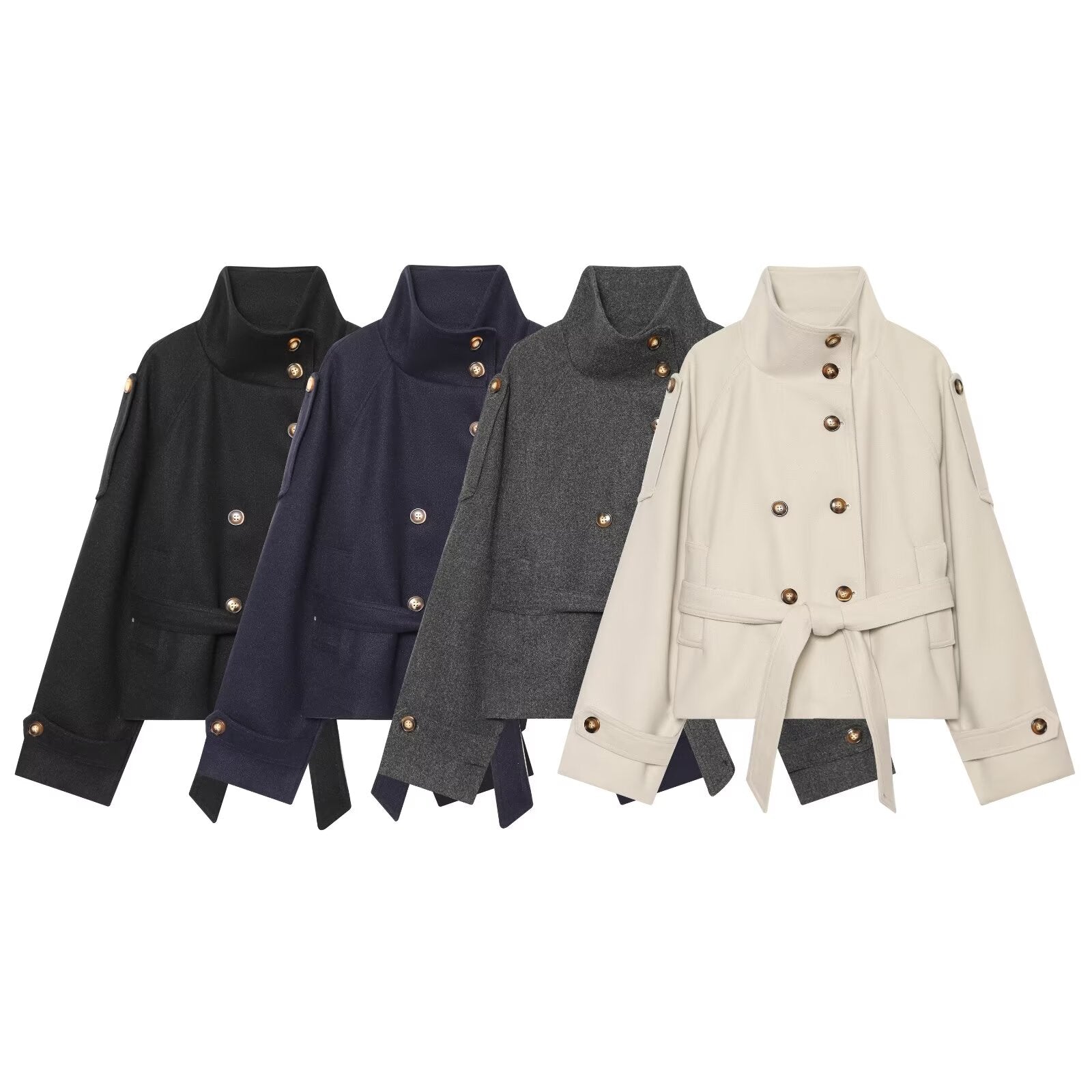Women's with belt standing collar woolen coat