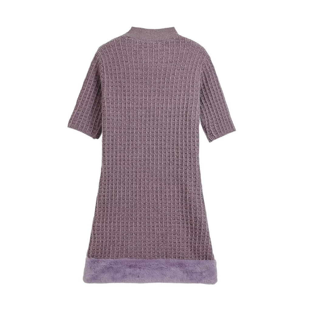 Women's new fashion faux fur effect short sleeved knitted mini dress