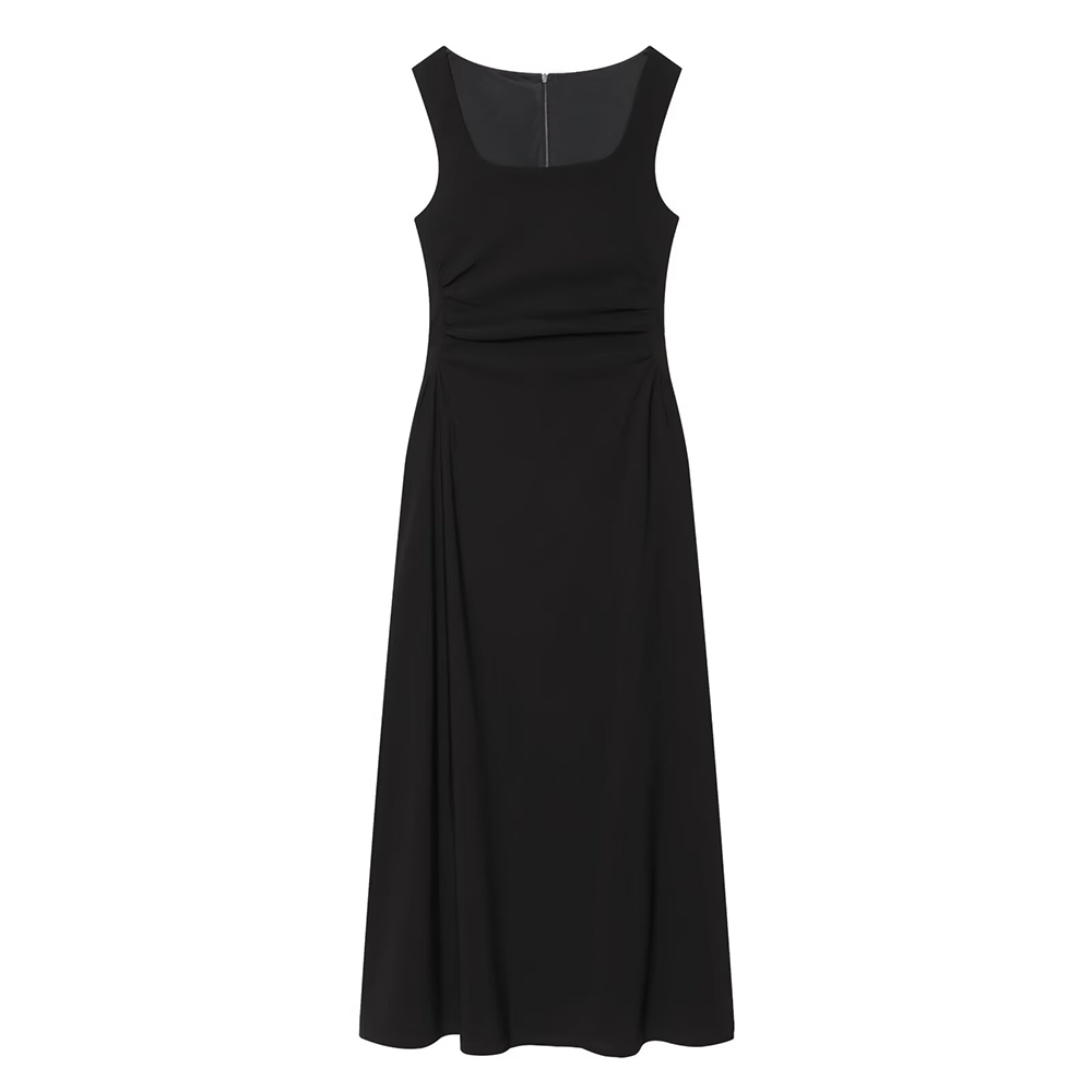 Women's U-neck pleated waist MIDI dress