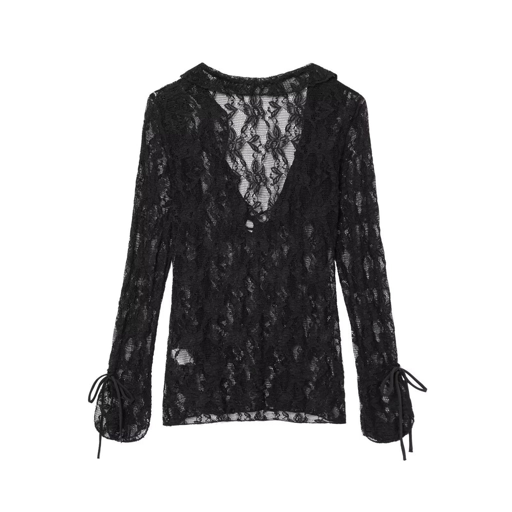 Women's new fashion layered decoration slim Lace up V-neck lace top