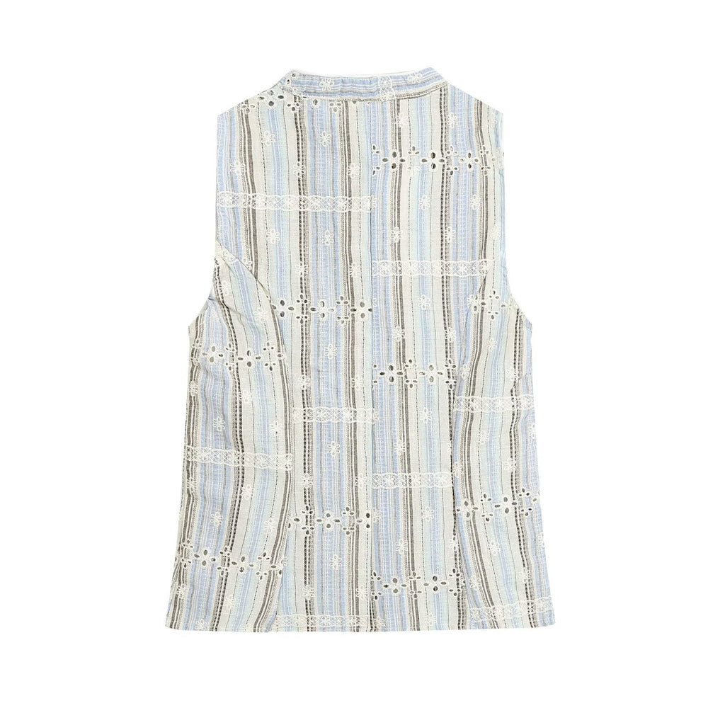 suit Women's 2 pieces sleeveless striped embroidered top+skirt