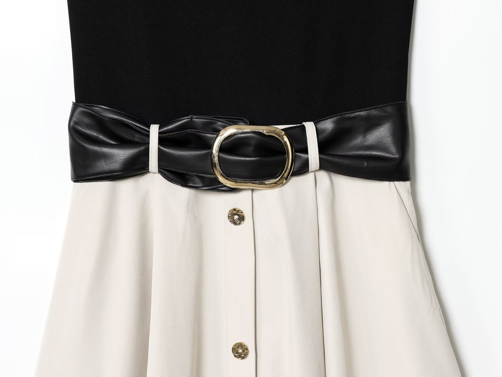 Women's New Fashion With Belt Sleeveless Splicing Midi Dress