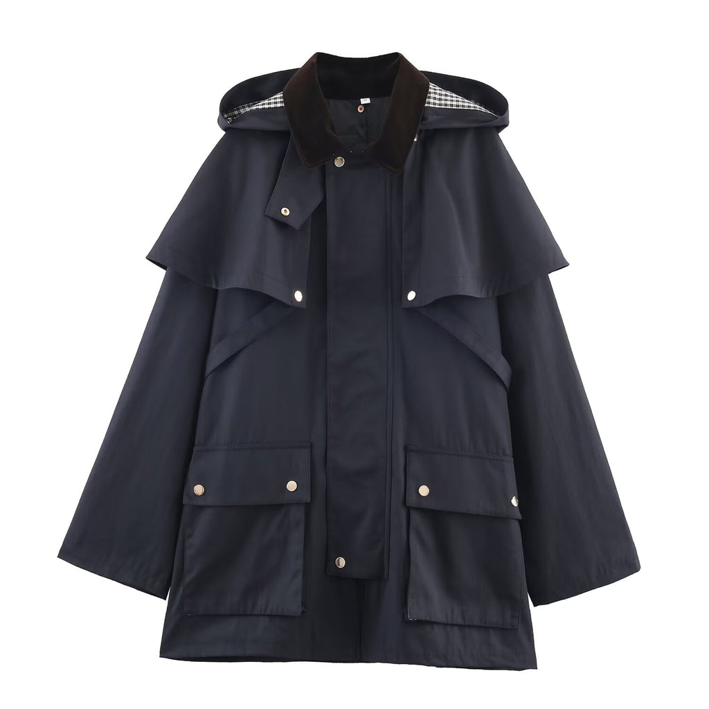 Women's new fashion contrasting collar loose hooded windbreaker Coat