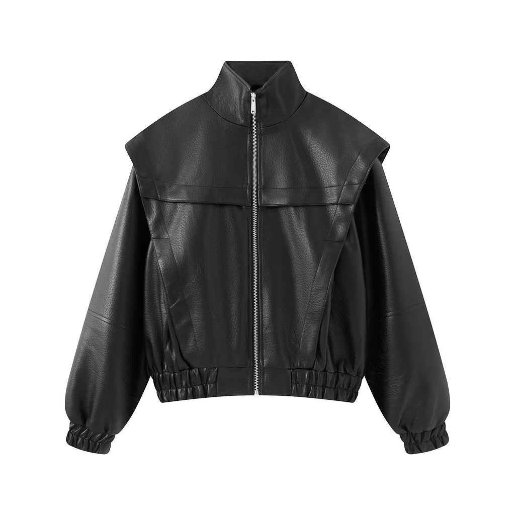 Women's stand collar fake two-piece Faux Leather jacket