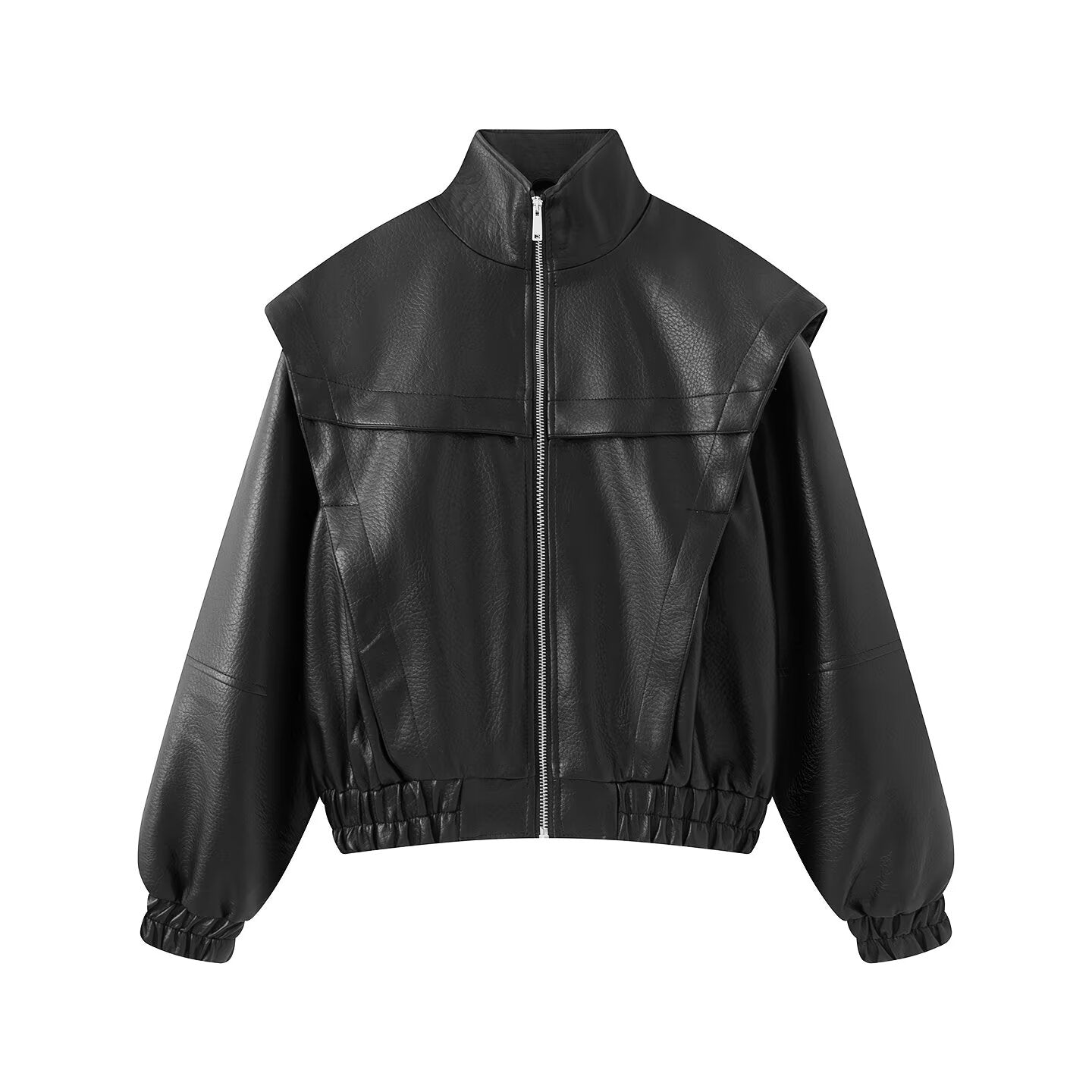 Women's stand collar fake two-piece Faux Leather jacket