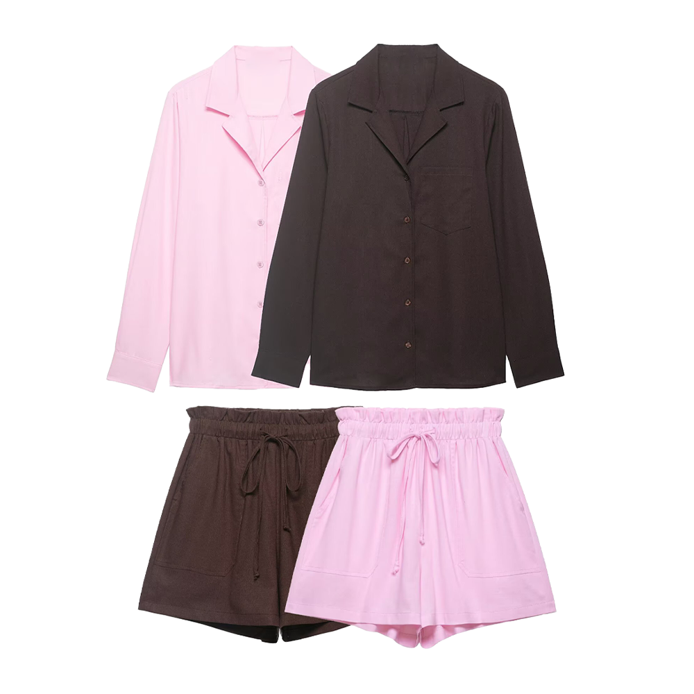suit Women's 2 pieces pocket decoration linen blend shirt+shorts