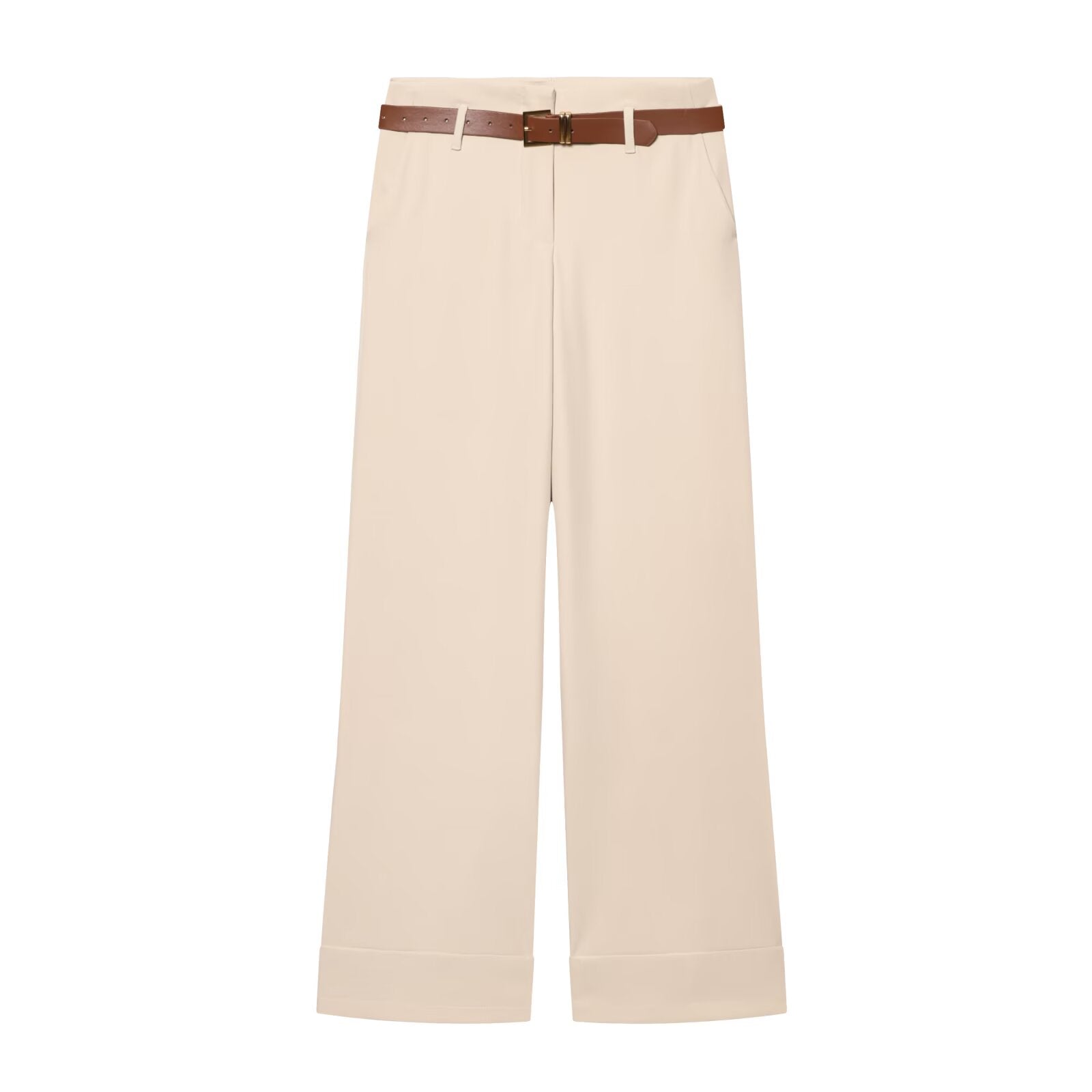 Women's With Belt high waisted straight leg rolled edge pants