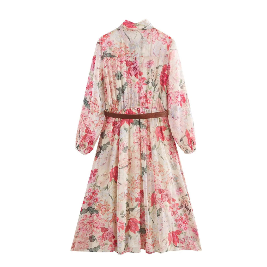 Women's new chic Fashion with Belt bow tie decoration loose flower print MIDI dress retro long sleeved women's dress Mujer