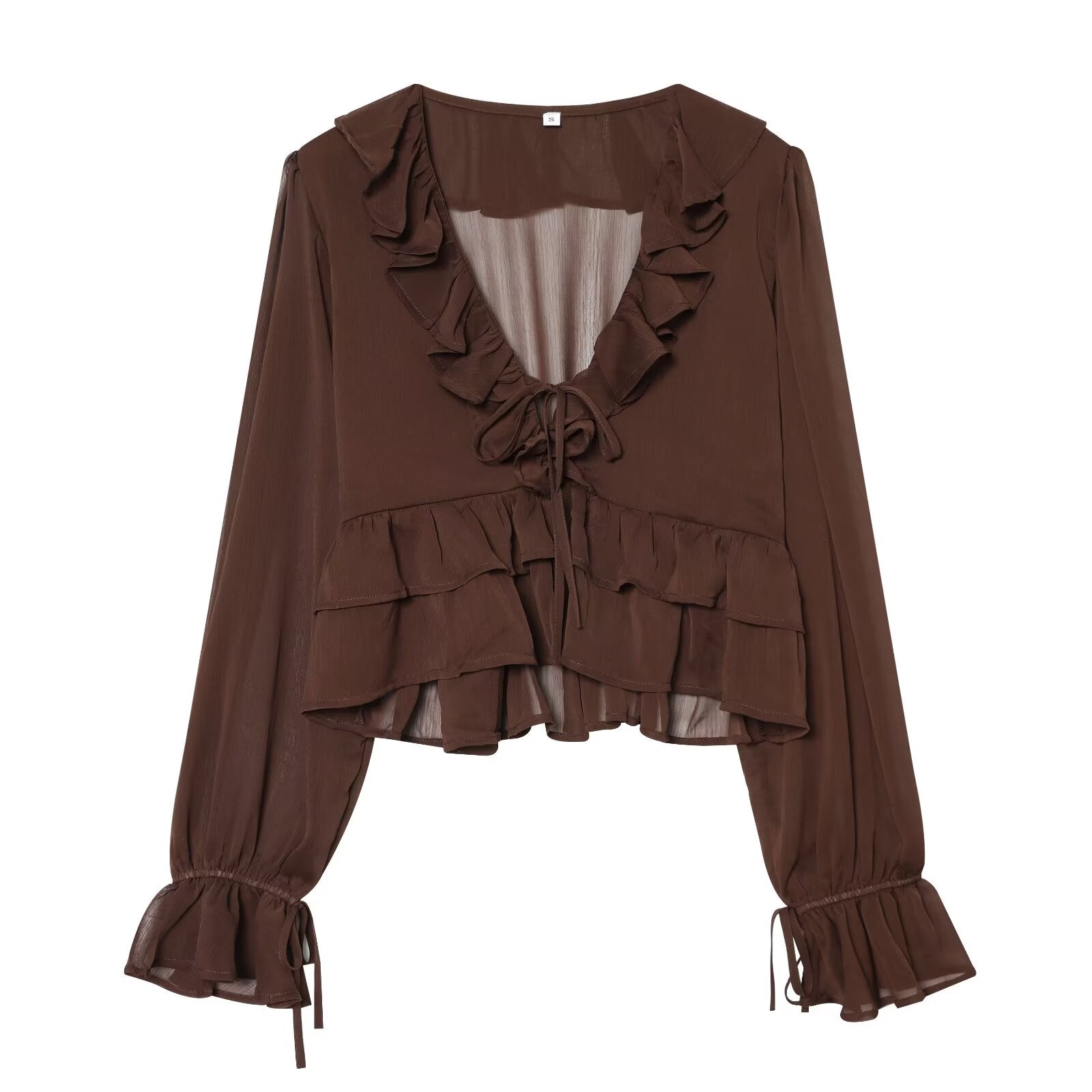 Women's slightly transparent ruffled V-neck top