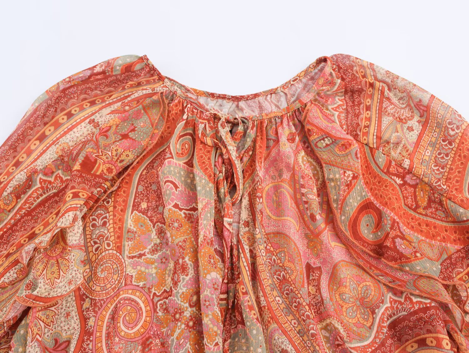 Women's new fashion printed trumpet sleeves ruffle edge top