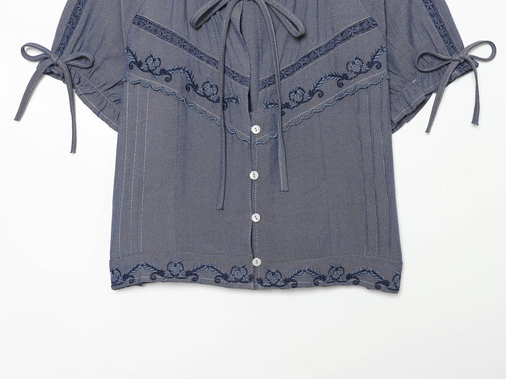 Women's bow decoration embroidered shirt