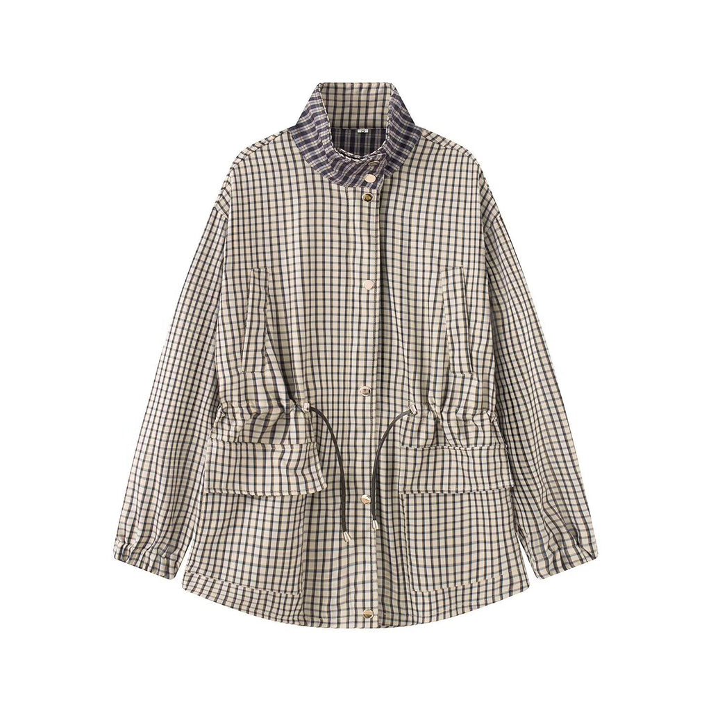 Women's casual waist cinched plaid parka Coat