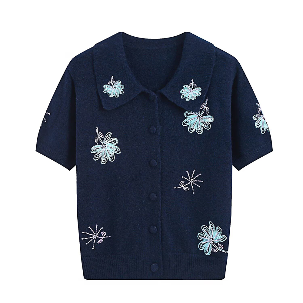 Women's beaded decorative short sleeved knitted cardigan