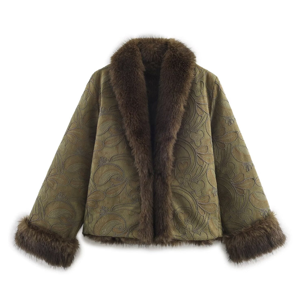 Women's artificial fur effect double-sided embroidered coat