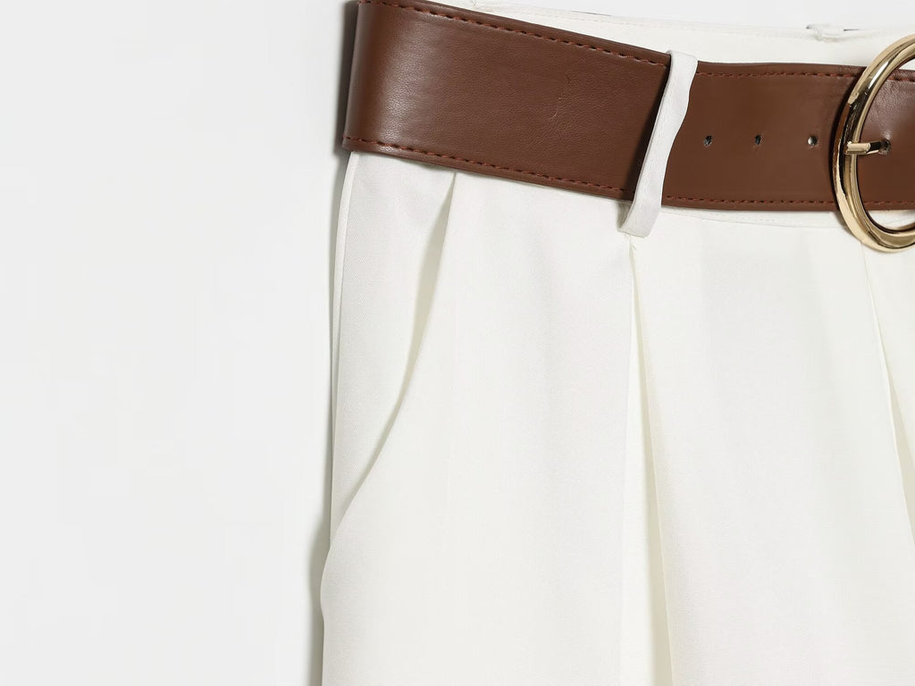 Women's with Belt casual pleated wide leg pants