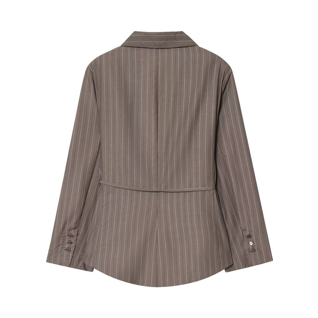 Women's New Fashion With Belt Loose Shoulder Pads Striped Suit Coat+Pants Suit
