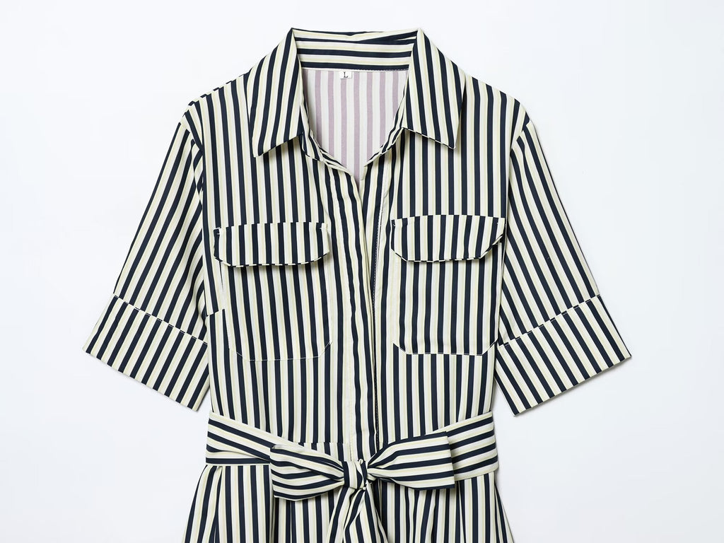Women's with Belt shirt style poplin striped dress