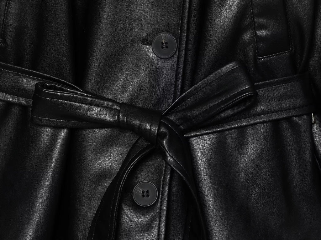 Women's new fashion with Belt black short Faux Leather windbreaker Coat