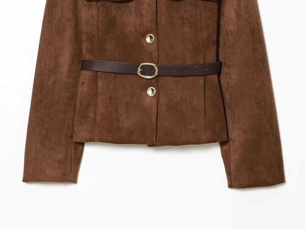 Women's new fashion with Belt suede texture effect O Neck suit jacket