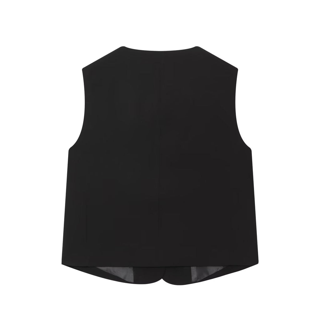 Women's new fashion black O Neck Button-up vest+Pants suit