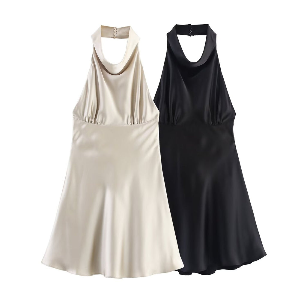 Women's new fashion backless bow decoration satin texture mini dress