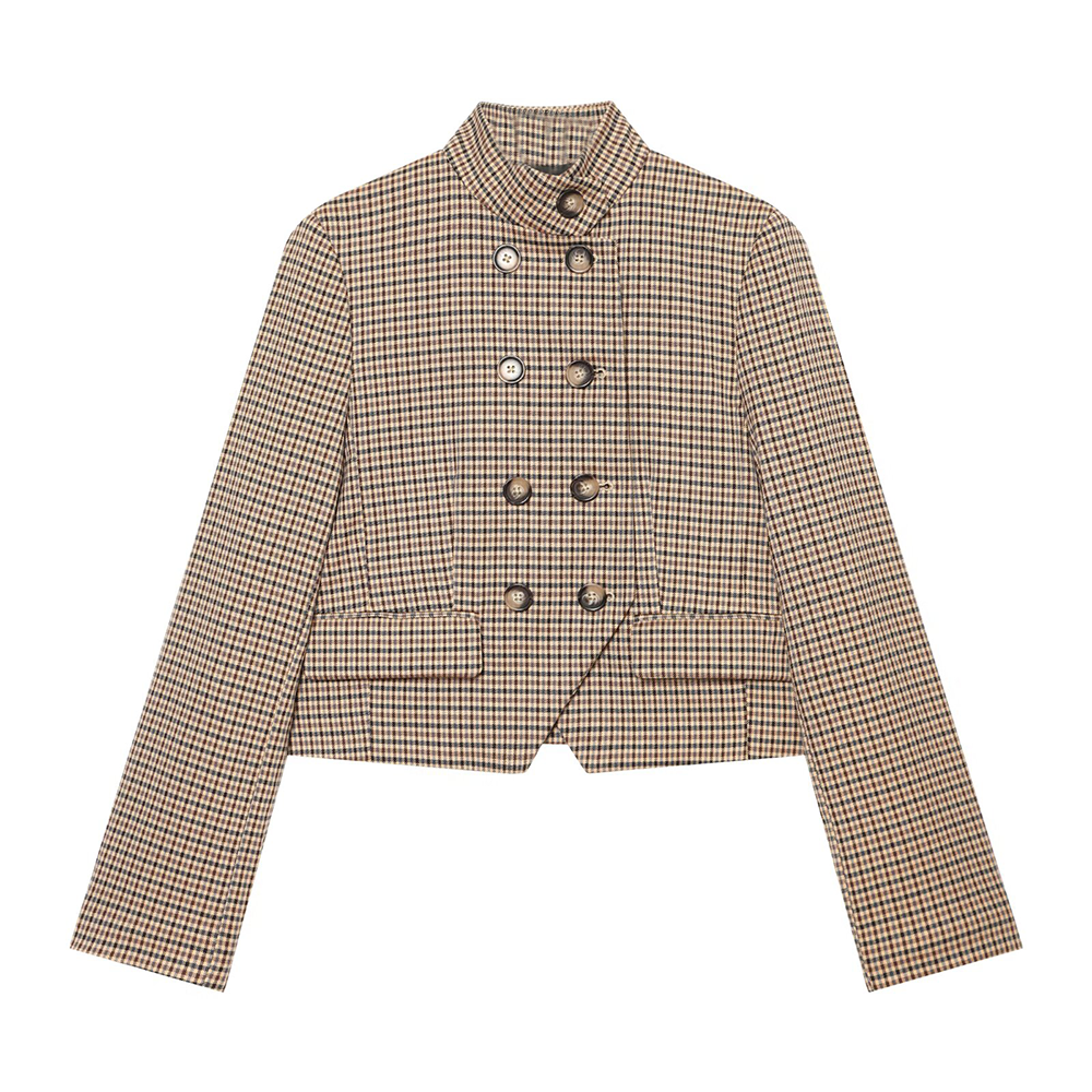 Women's plaid short double breasted Blazer Coat