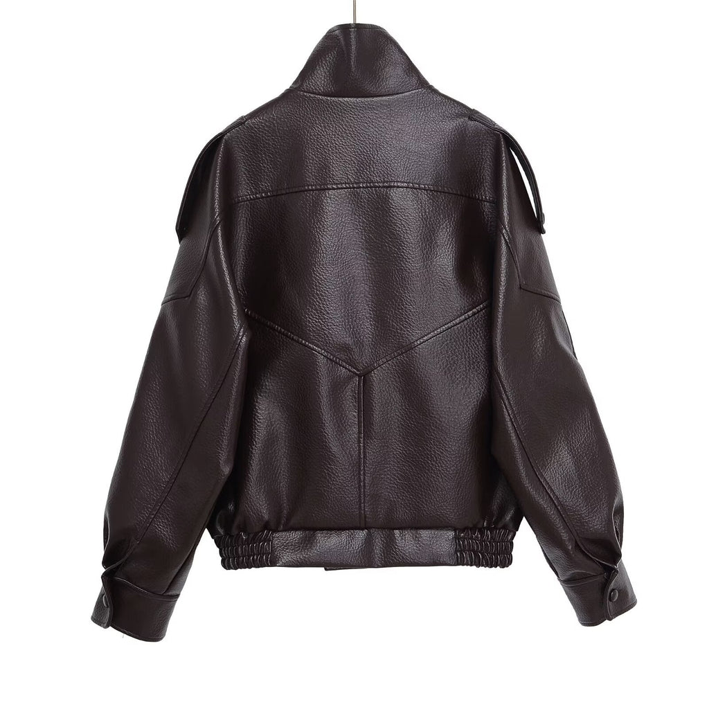 Women's casual stand collar Faux Leather jacket Coat