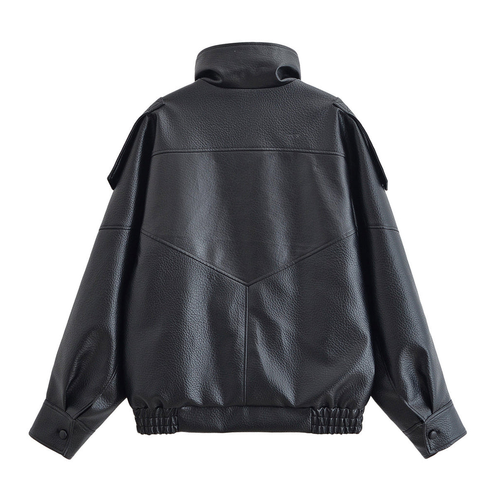 Women's 2025 fashion black stand collar patterned leather jacket Coat