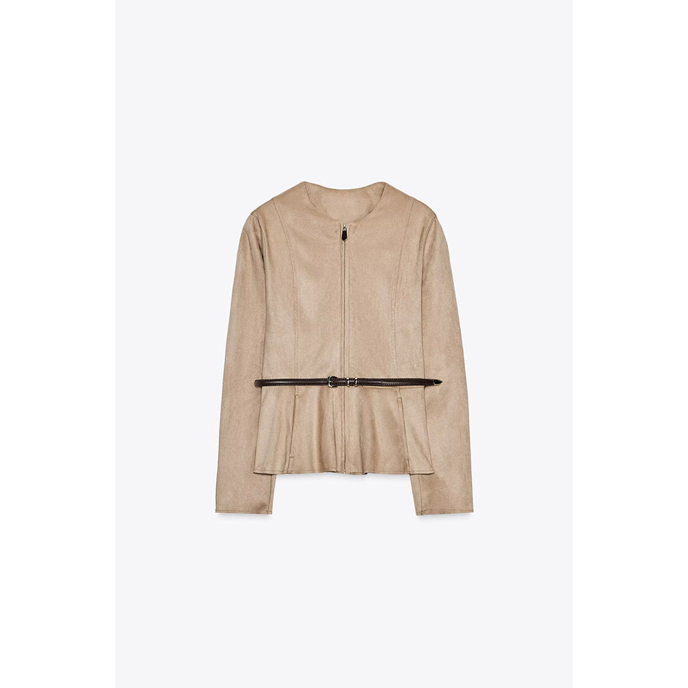 Women's new fashion with Belt suede effect short skirt style hem jacket Coat