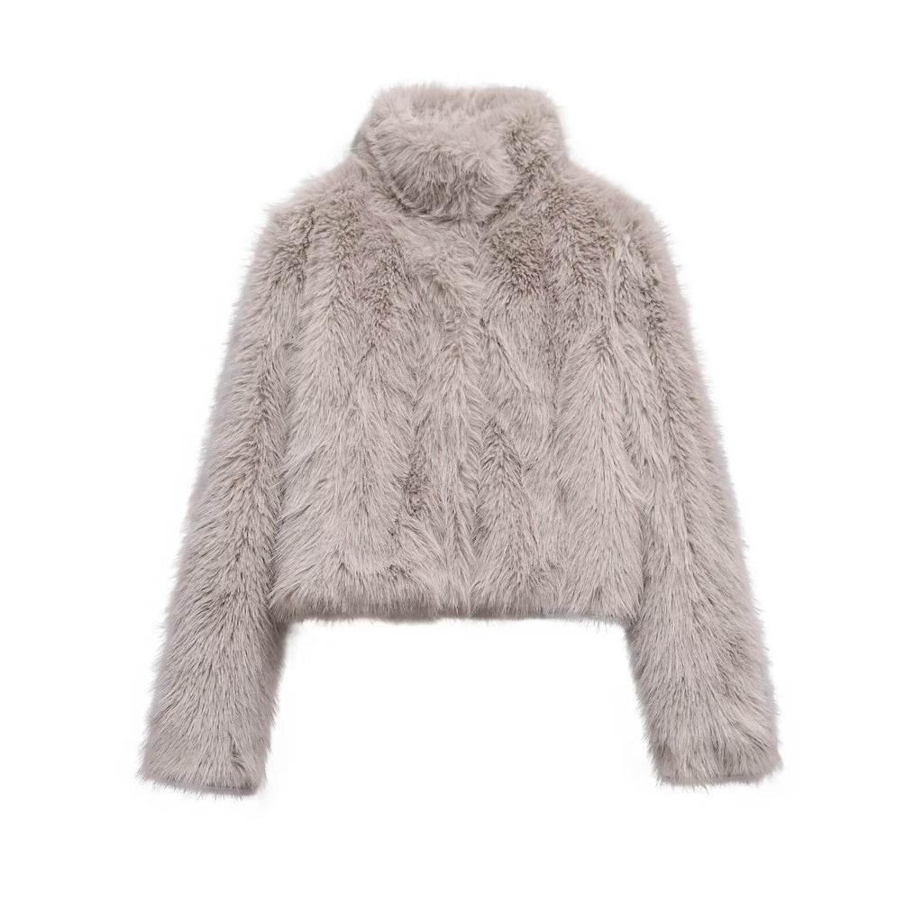 Women's faux fur effect short stand collar Coat