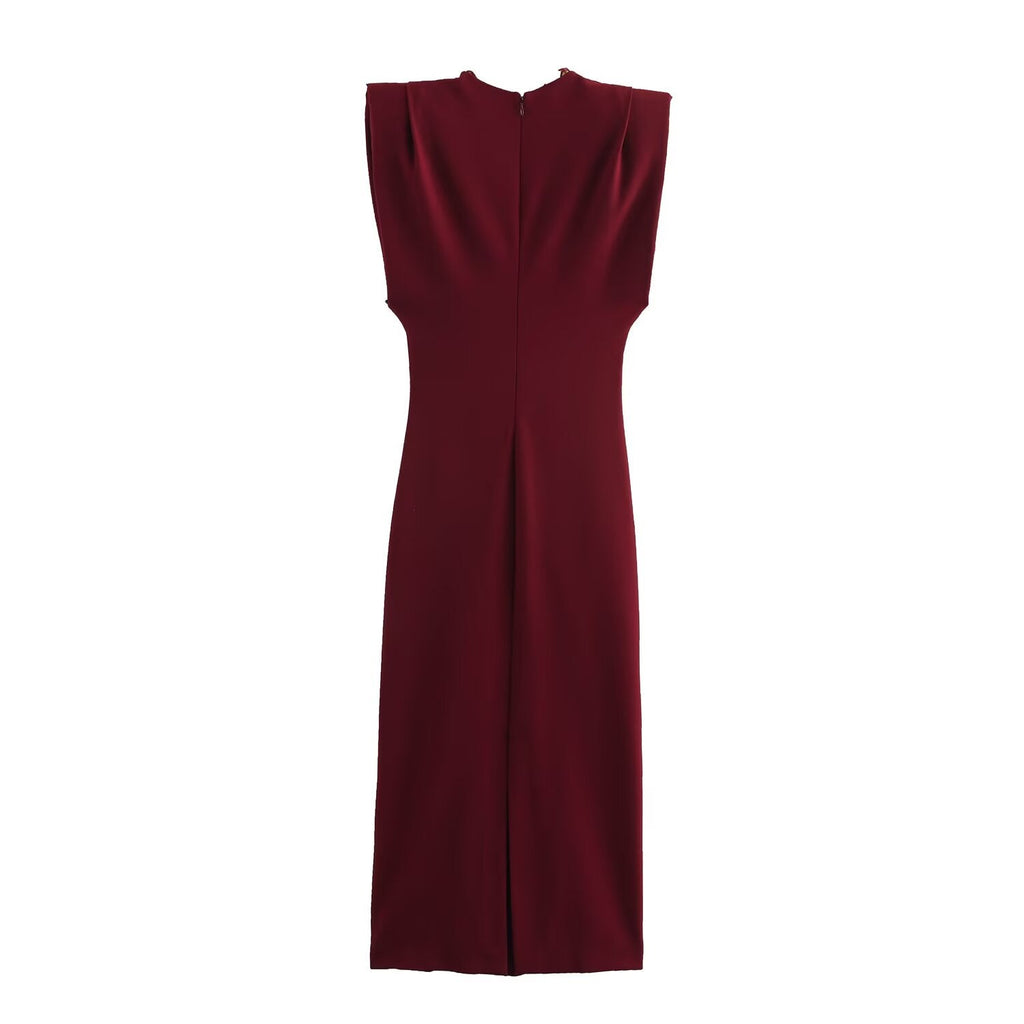 Women's new chic Fashion pleated decoration sexy slim fit V Neck Midi dress retro sleeveless back zipper women's dress Mujer