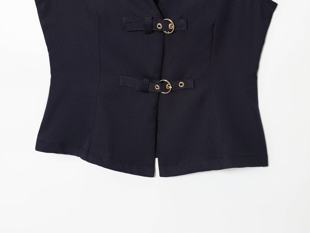 suit Women's 2 pieces buckle decoration vest style crepe top+Pants